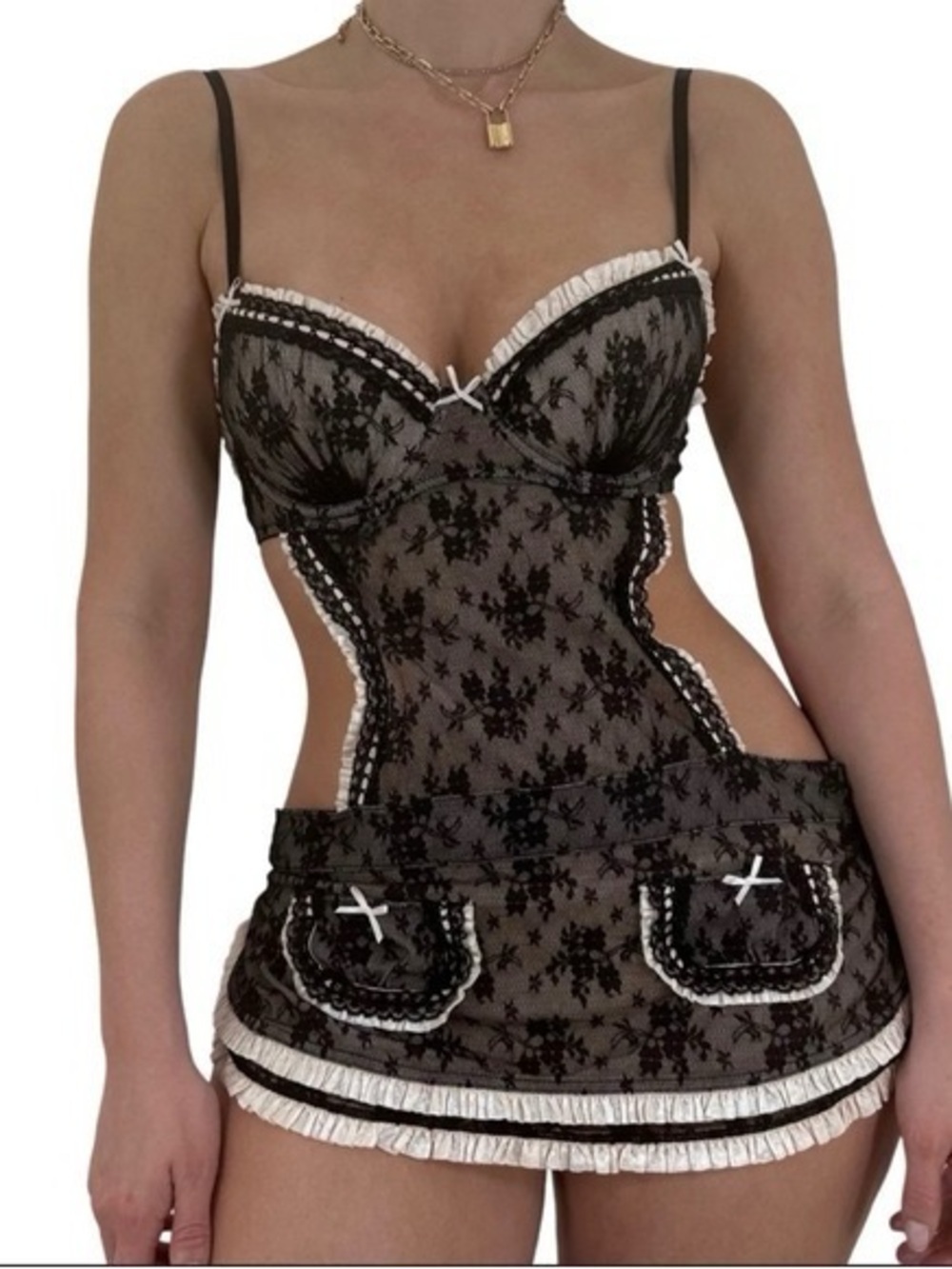 Victoria's Secret Black Lace Cut-Out Chemise with White Trim